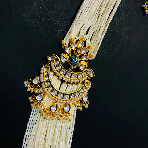 Designer Gold Plated Royal Kundan & White Beads Long Necklace with Earrings
