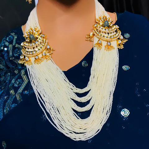Designer Gold Plated Royal Kundan & White Beads Long Necklace with Earrings