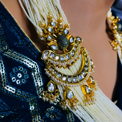 Designer Gold Plated Royal Kundan & White Beads Long Necklace with Earrings