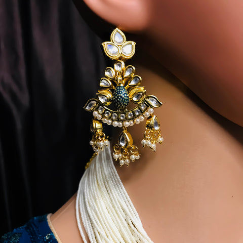 Designer Gold Plated Royal Kundan & White Beads Long Necklace with Earrings