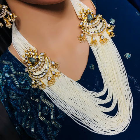 Designer Gold Plated Royal Kundan & White Beads Long Necklace with Earrings