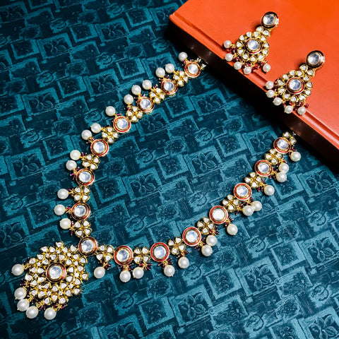 Designer Gold Plated Royal Kundan Long Necklace with Earrings (D737)