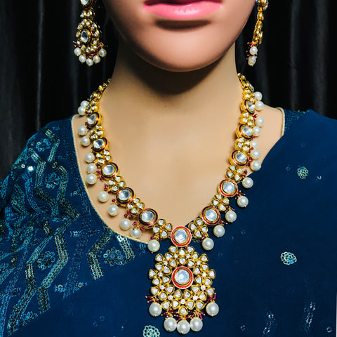 Designer Gold Plated Royal Kundan Long Necklace with Earrings (D737)