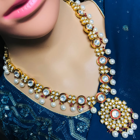 Designer Gold Plated Royal Kundan Long Necklace with Earrings (D737)