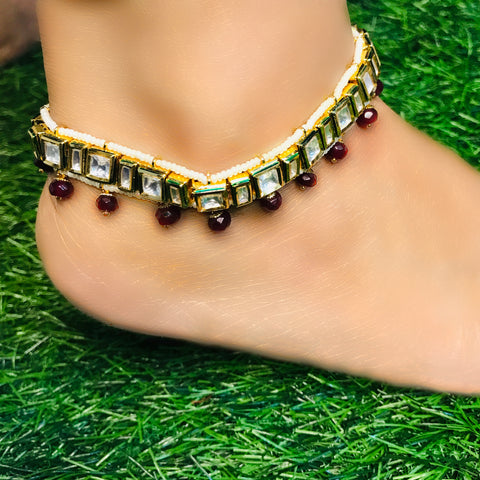 Gold Plated Anklet with Royal Kundan Red Color (Set of 2) - Design 3