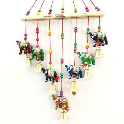 Wood Colored Elephant Bells Windchime Wall Hanging Wall Art Decorative Showpiece Multicolor (D37)