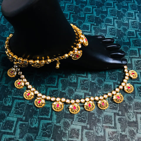 Gold Plated Anklet with Royal Kundan Red Color (Set of 2) - Design 9
