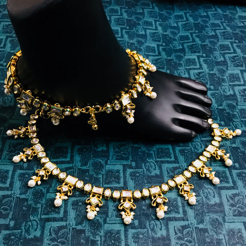 Gold Plated Anklet with Royal Kundan (Set of 2) - Design 6