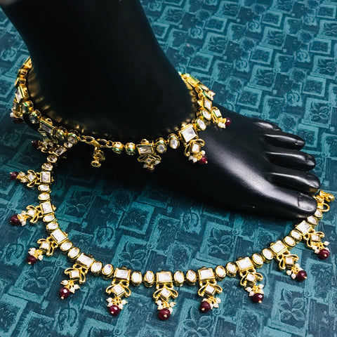 Gold Plated Anklet with Royal Kundan Red Color (Set of 2) - Design 7