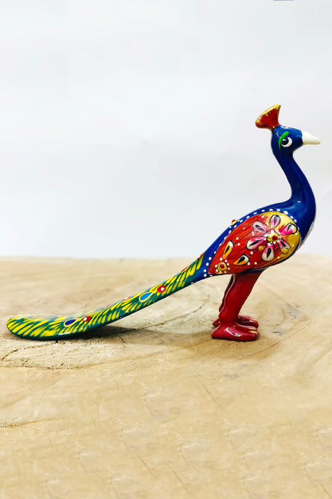 Metal Walking Peacock Figurine Table Decor Painted Peacock Metal Craft Indian Handicraft Item Decorative Showpiece (D80)