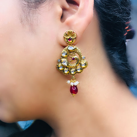 Gold Plated Beautifully Royal Kundan & Ruby Beaded Earrings (E713)