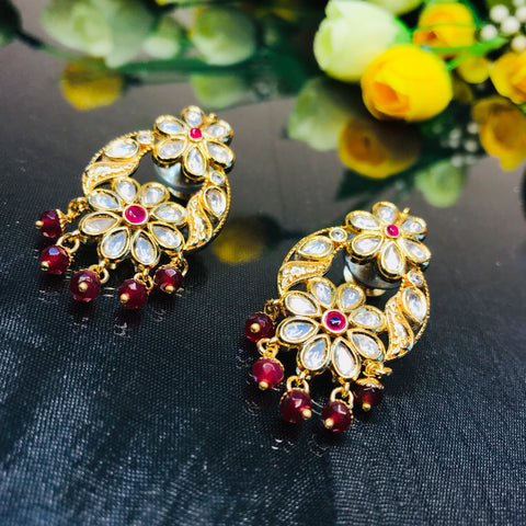 Gold Plated Beautifully Royal Kundan & Ruby Beaded Earrings