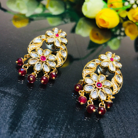 Gold Plated Beautifully Royal Kundan & Ruby Beaded Earrings