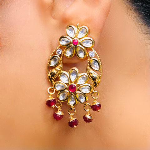 Gold Plated Beautifully Royal Kundan & Ruby Beaded Earrings