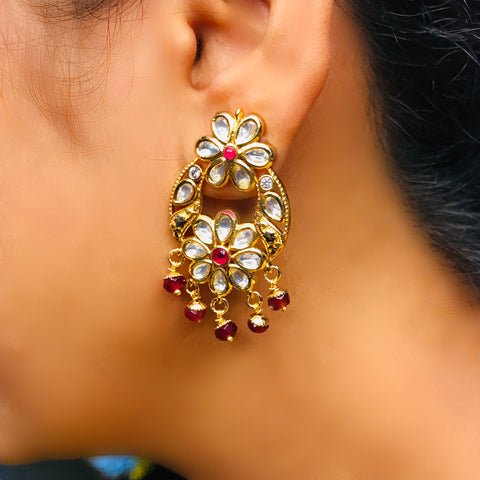 Gold Plated Beautifully Royal Kundan & Ruby Beaded Earrings