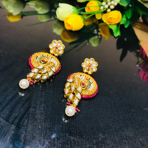 Gold Plated Beautifully Red Beaded Kundan Earrings