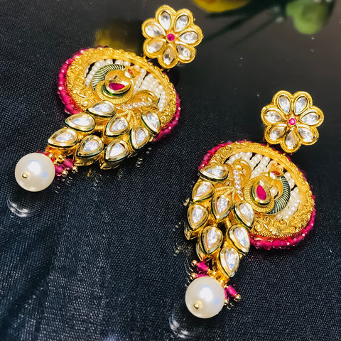 Gold Plated Beautifully Red Beaded Kundan Earrings