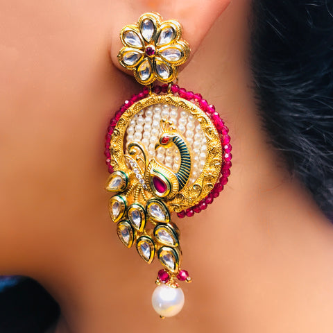 Gold Plated Beautifully Red Beaded Kundan Earrings