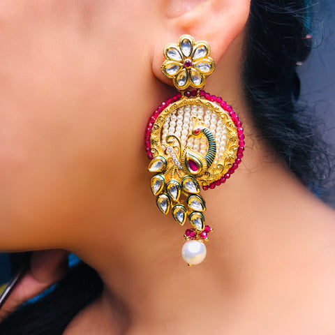 Gold Plated Beautifully Red Beaded Kundan Earrings