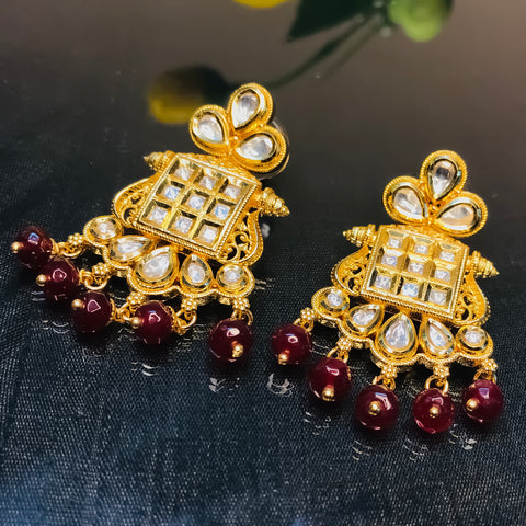 Gold Plated Beautifully Royal Kundan & Ruby Beaded Earrings