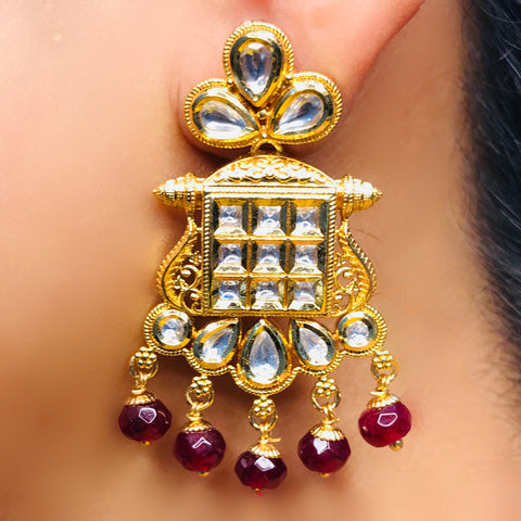 Gold Plated Beautifully Royal Kundan & Ruby Beaded Earrings