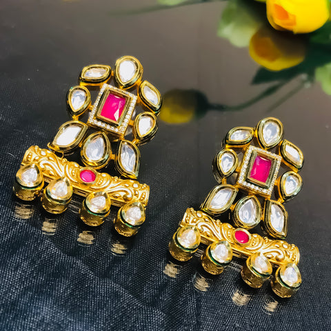 Gold Plated Beautifully Royal Kundan & Ruby Beaded Earrings