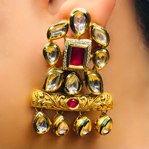 Gold Plated Beautifully Royal Kundan & Ruby Beaded Earrings