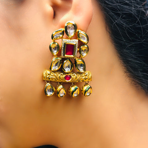 Gold Plated Beautifully Royal Kundan & Ruby Beaded Earrings