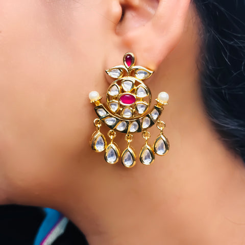 Gold Plated Beautifully Royal Kundan & Ruby Beaded Earrings