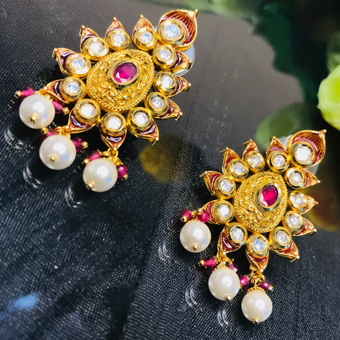 Gold Plated Beautifully Royal Kundan & Ruby Beaded Earrings