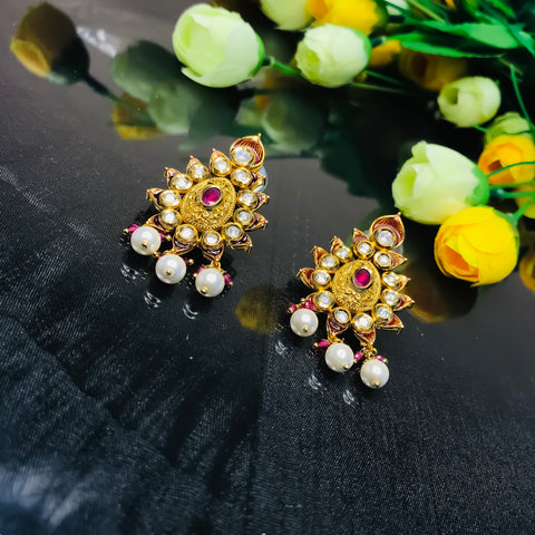 Gold Plated Beautifully Royal Kundan & Ruby Beaded Earrings