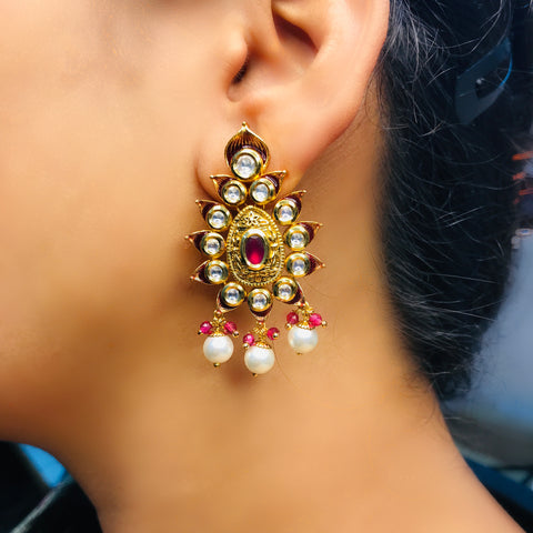 Gold Plated Beautifully Royal Kundan & Ruby Beaded Earrings