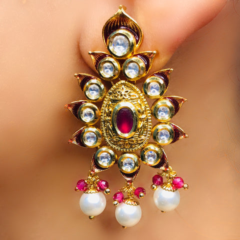 Gold Plated Beautifully Royal Kundan & Ruby Beaded Earrings