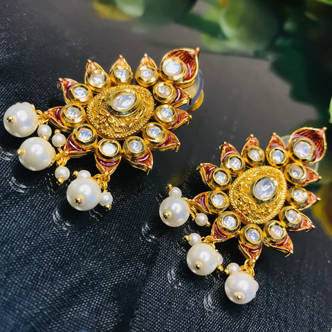 Gold Plated Beautifully Royal Kundan & Ruby Beaded Earrings