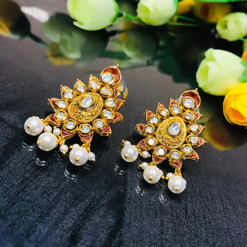 Gold Plated Beautifully Royal Kundan & Ruby Beaded Earrings