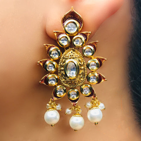 Gold Plated Beautifully Royal Kundan & Ruby Beaded Earrings