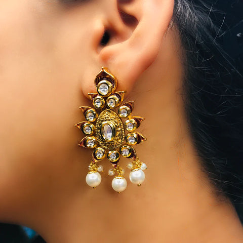 Gold Plated Beautifully Royal Kundan & Ruby Beaded Earrings