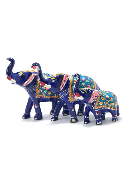 Blue Color Painted Trunk Up Elephant Decorative Item Multicolor for Good Luck in Metal (D114)