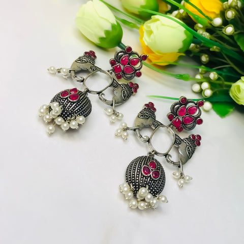 Traditional Style Oxidized Earrings With Magenta Color Beads for Casual Party (E732)