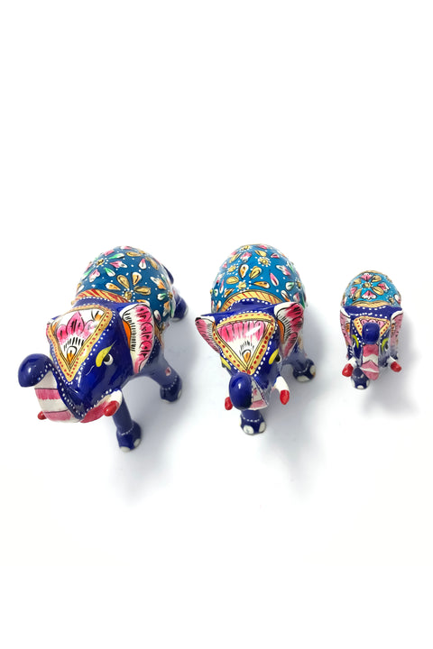 Blue Color Painted Trunk Up Elephant Decorative Item Multicolor for Good Luck in Metal (D114)