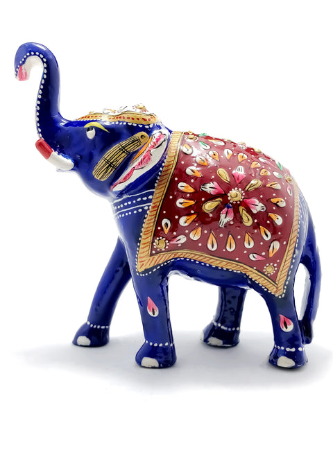 Blue & Red Color Painted Trunk Up Elephant Decorative Item Multicolor for Good Luck in Metal (D110)