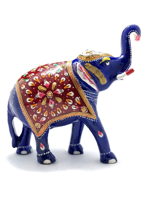Blue & Red Color Painted Trunk Up Elephant Decorative Item Multicolor for Good Luck in Metal (D110)