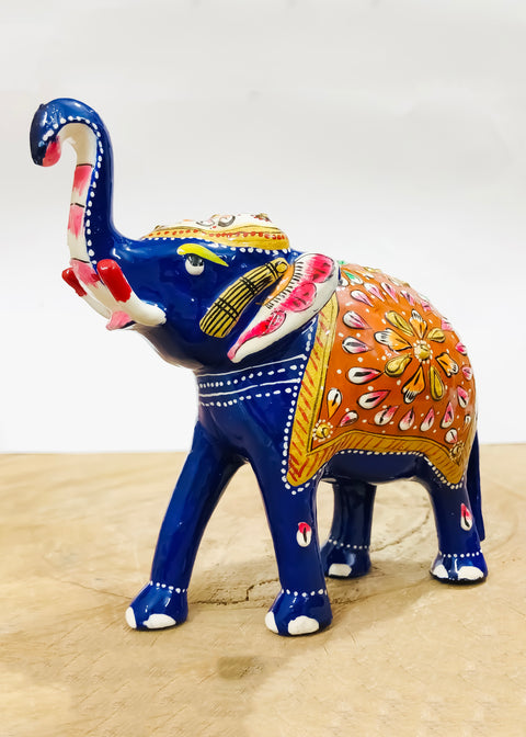 Blue & Orange Color Painted Trunk Up Elephant Decorative Item Multicolor for Good Luck in Metal (D108)