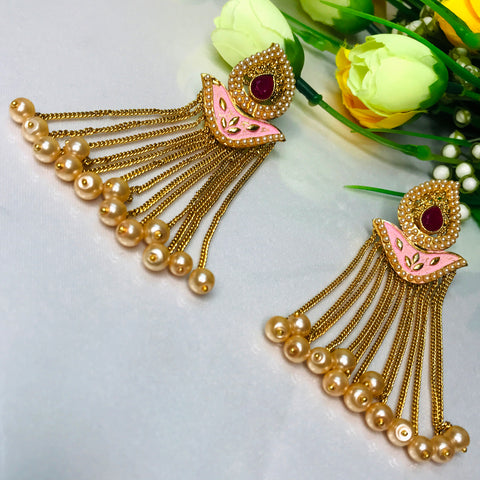 Gold Plated Beautifully Pearl Tassel Long Earrings (E731)