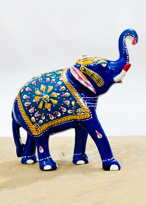 Blue Color Painted Trunk Up Elephant Decorative Item Multicolor for Good Luck in Metal (D112)