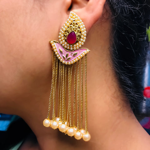 Gold Plated Beautifully Pearl Tassel Long Earrings (E731)