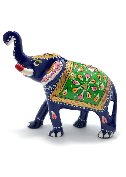 Blue & Green Color Painted Trunk Up Elephant Decorative Item Multicolor for Good Luck in Metal (D117)