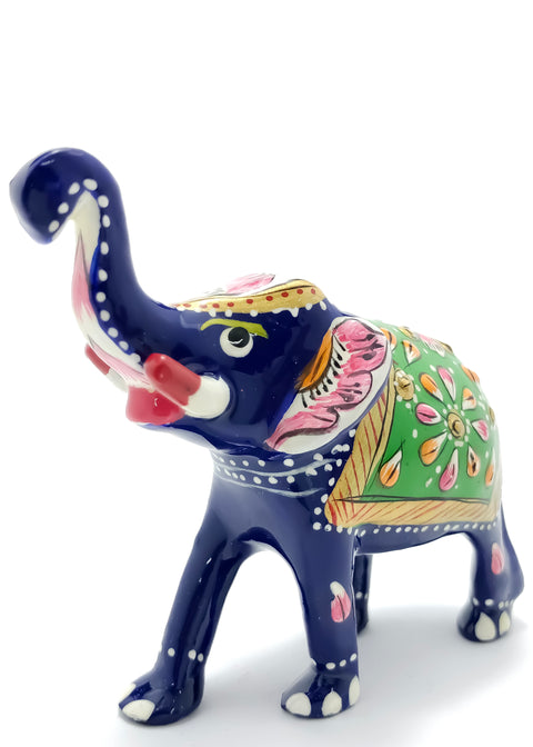 Blue & Green Color Painted Trunk Up Elephant Decorative Item Multicolor for Good Luck in Metal (D117)