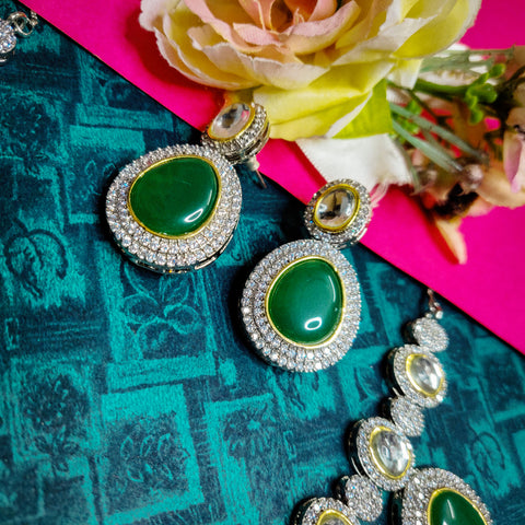 Designer Semi-Precious American Diamond & Emerald Necklace with Earrings (D720)