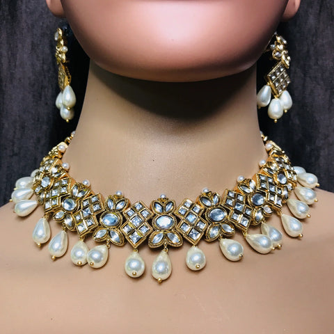 Designer Gold Plated Royal Kundan Necklace with Earrings